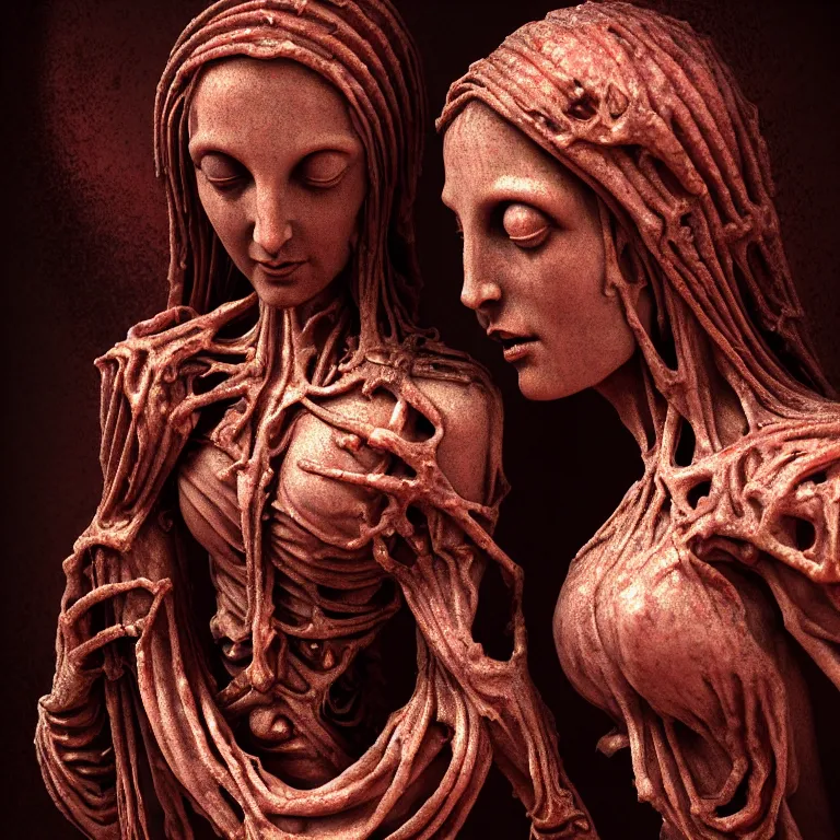 Prompt: dark biomechanical ribbed religious sculpture statue of Madonna and Jesus made of rotten flesh meat, suffering, pastel colorful mold, baroque painting, beautiful detailed intricate insanely detailed octane render, organic 8K artistic photography, photorealistic, chiaroscuro, Raphael, Caravaggio, Giger, Beksinski, black background, volumetric light