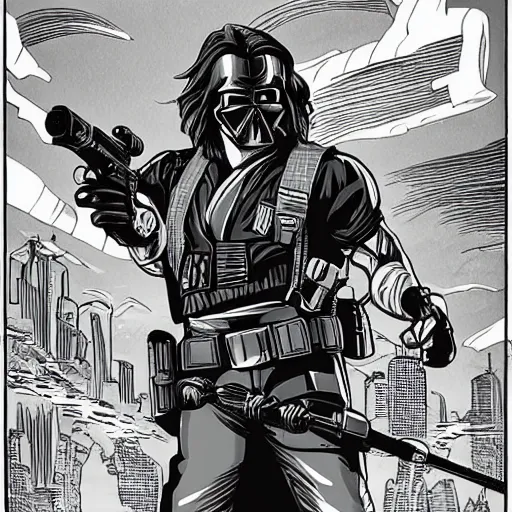 Image similar to muscular man, black vest with no shirt underneath, goggles around his neck, cargo pants, ammo belt, holding a blaster, star wars, long black hair in a ponytail, five o' clock shadow, comic book art, distance shot