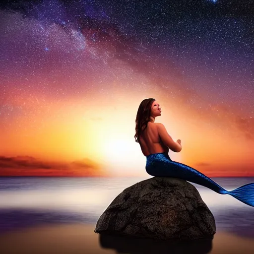 Image similar to a mermaid sitting on a rock, beach, starry sky, sunset