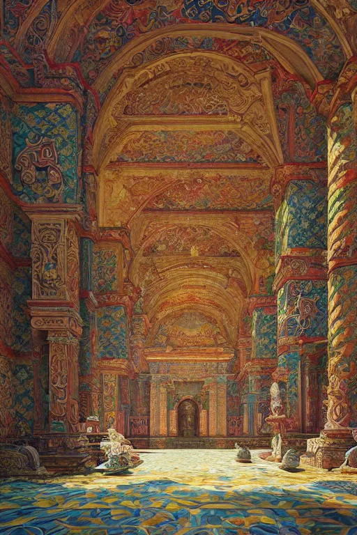 Prompt: glorious painted temple of the forest, by Sylvain Sarrailh and Ludwig Deutsch and Rudolf Ernst and edmund dulac, dramatic cinematic lighting , beautiful colorful tilework, ornate architecture, smooth, sharp focus, extremely detailed