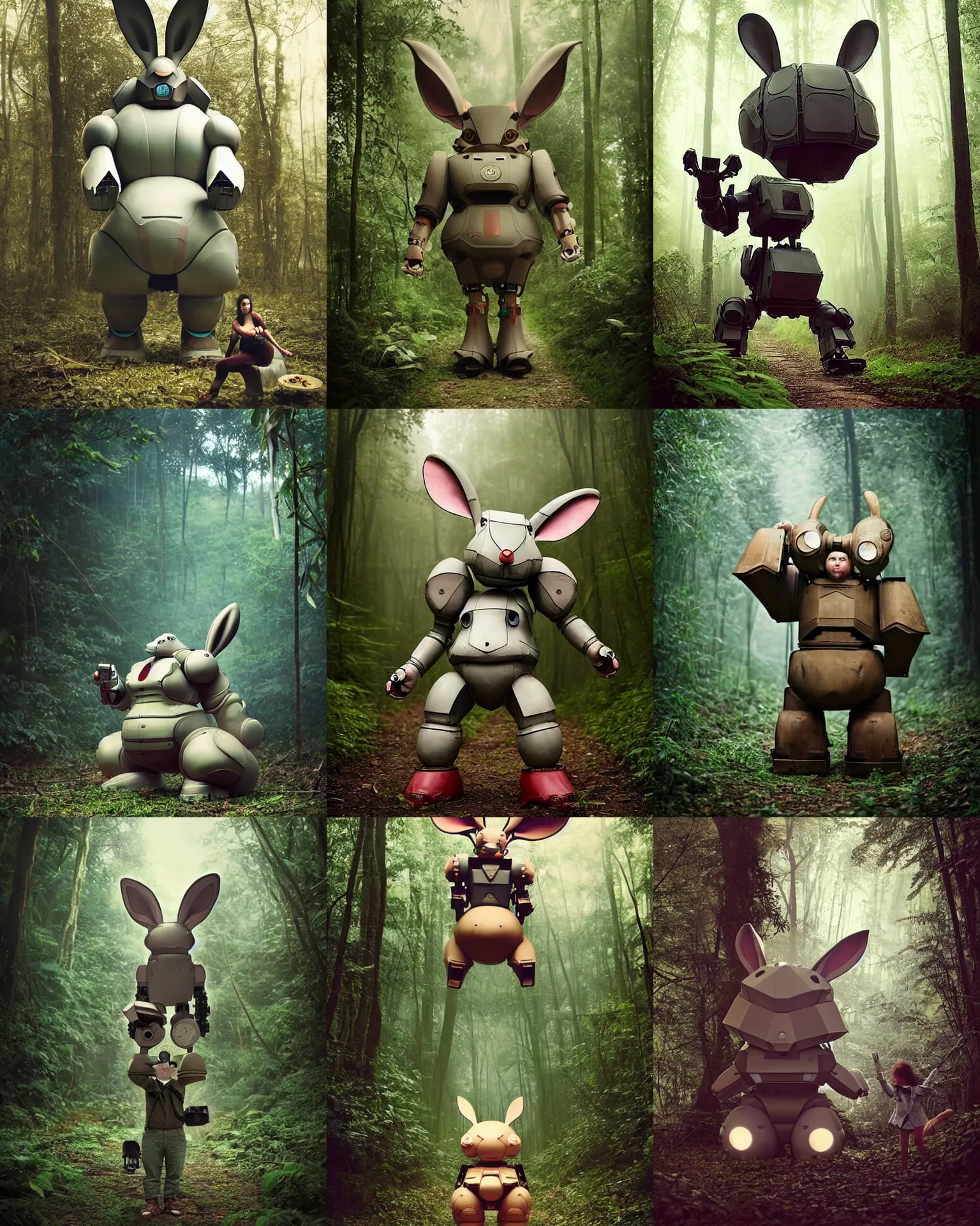 Prompt: dynamic pose !!!giant oversized battle rabbit robot chubby fat mech with big ears , in jungle forest !!! , full body , nighttime, Cinematic focus, Polaroid photo, vintage , neutral dull colors, soft lights, foggy ,by oleg oprisco , by victor enrich , by gregory crewdson , by discovery channel , by most wanted