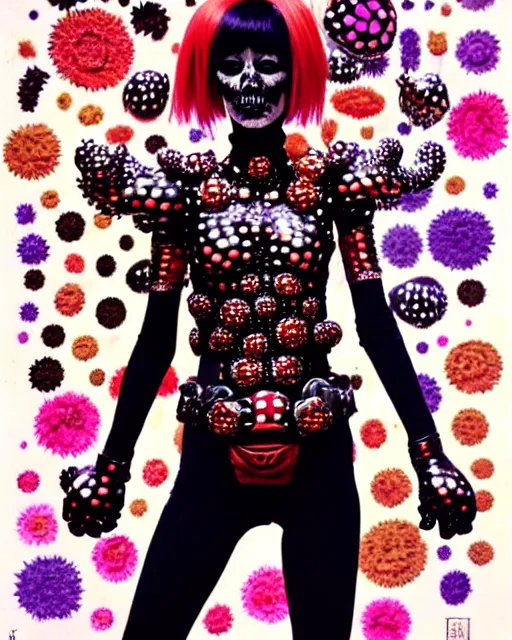 Image similar to portrait of a skinny punk goth yayoi kusama wearing armor by simon bisley, john blance, frank frazetta, fantasy, thief warrior, floral flowers colorful