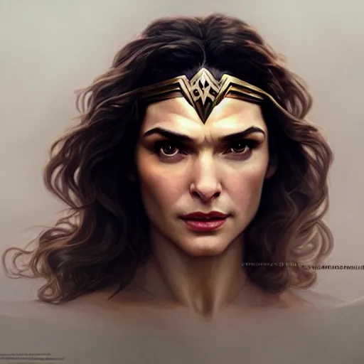 Image similar to Rachel Weisz as Wonder Woman, western, D&D, fantasy, intricate, elegant, highly detailed, digital painting, artstation, concept art, matte, sharp focus, illustration, art by Artgerm and Greg Rutkowski and Alphonse Mucha