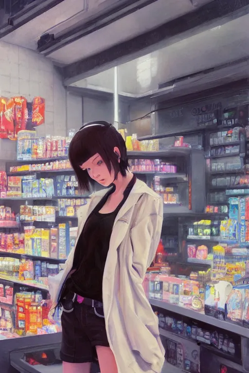 Image similar to A ultradetailed beautiful panting of a stylish girl wearing streetwear standing in a convenience store, Oil painting, by Ilya Kuvshinov, Greg Rutkowski and Makoto Shinkai