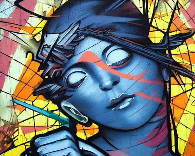 Prompt: spraypaint graffiti of renaissance art, on a wall, expressive, asymmetrical art, blue hour, highly detailed, concept art, dripping paint, hyperrealism, epic, art by seen ua and banksy and eduardo kobra and artgerm and magali villeneuve and alphonse mucha, artstation