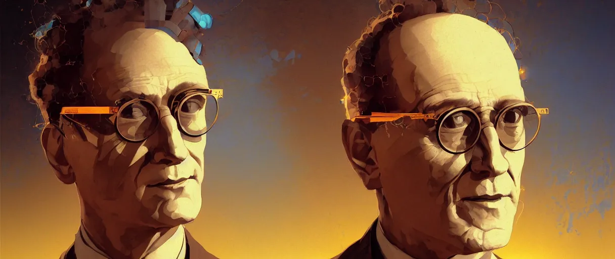 Prompt: portrait of erwin schrodinger with cricle glasses with abstract meshy geomtric waves background - cinematic lighting - art, by wlop, james jean, victo ngai! muted sepia colors, very detailed, art concept by craig mullins, thomas kinkade cfg _ scale 8