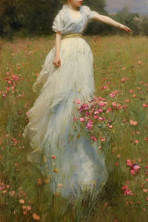 Image similar to Richard Schmid and Jeremy Lipking full length portrait painting of a young beautiful edwardian girl walking through a field of tall flowers