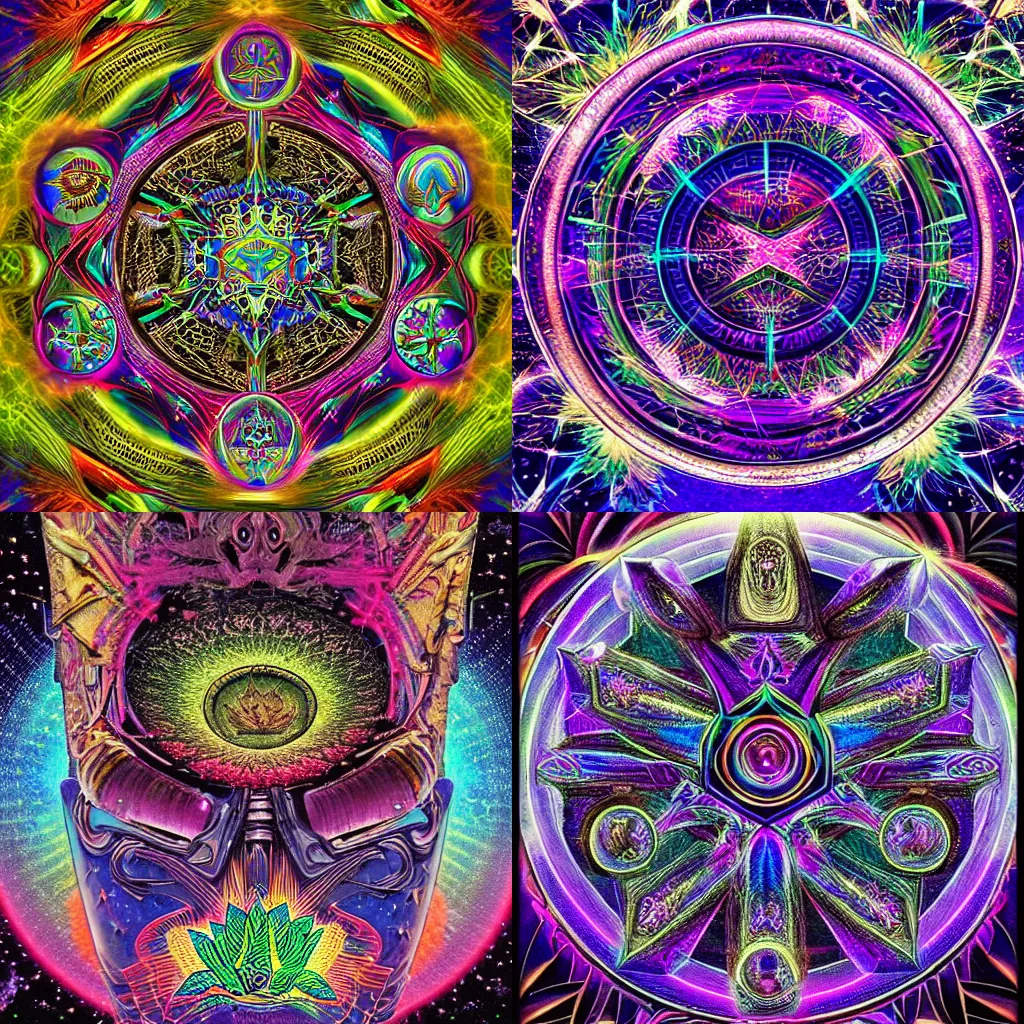 Prompt: an essential piece of equipment for traveling between psychic dimensional rifts with remoteviewing and the use of psychedelics like DMT, magic mushrooms, and cannabis, galactical reach capabilities, 8k, ornate, detailed, grainy, hyper surrealism