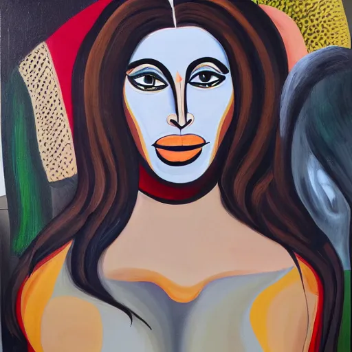 Image similar to portrait of kim kardashian painted in the style of george condo, intricate, dark, highly detailed, oil on canvas, terrifying, brilliantly colored, 8 k