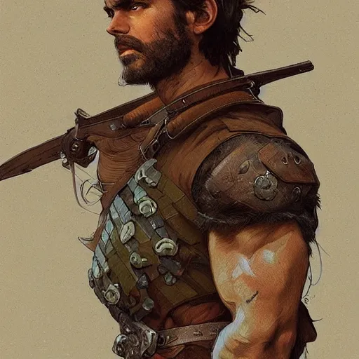 Image similar to portrait of a rugged ranger, muscular, upper body, hairy torso, D&D, fantasy, intricate, elegant, highly detailed, digital painting, artstation, concept art, smooth, sharp focus, illustration, art by alphonse mucha