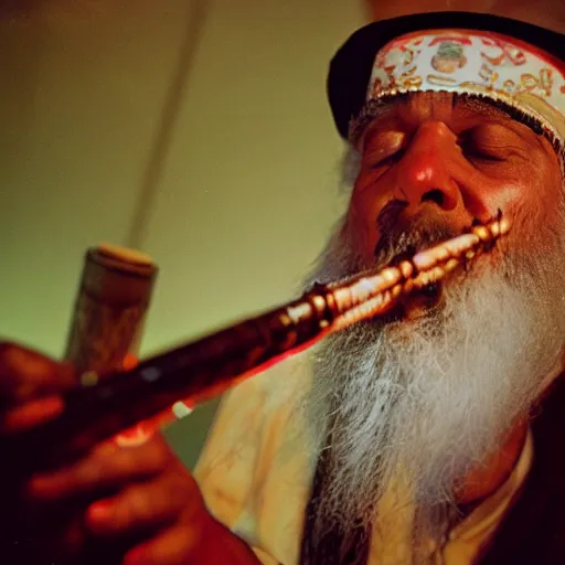 Prompt: a close up portrait of a wizard playing the flute, fireplace lighting, nighttime, kodak vision 5 0 0 t