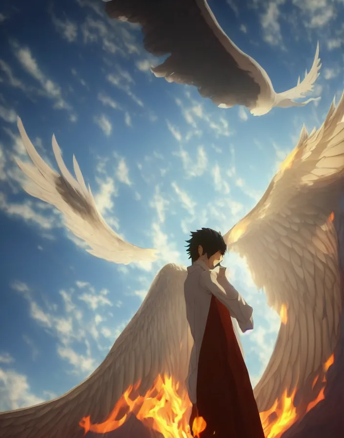 Image similar to lucifer cast out of heaven by yusuke murata and makoto shinkai, clouds, fire, angels, 8k, cel shaded, unreal engine, featured on artstation, pixiv