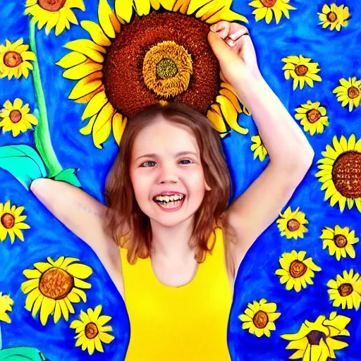 Prompt: Portrait, Drawing of a Ukrainian girl Smiling at the camera, Beautiful pretty young, flowers in her dark hair, Scene: Sunflower field, Colors: Yellow sunflowers, blue cloudy sky, In a style of Children scribbles