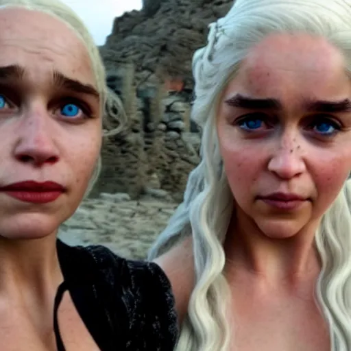 Image similar to a selfie of daenerys targaryen and daenerys targaryen, medium shot, detailed eyes,