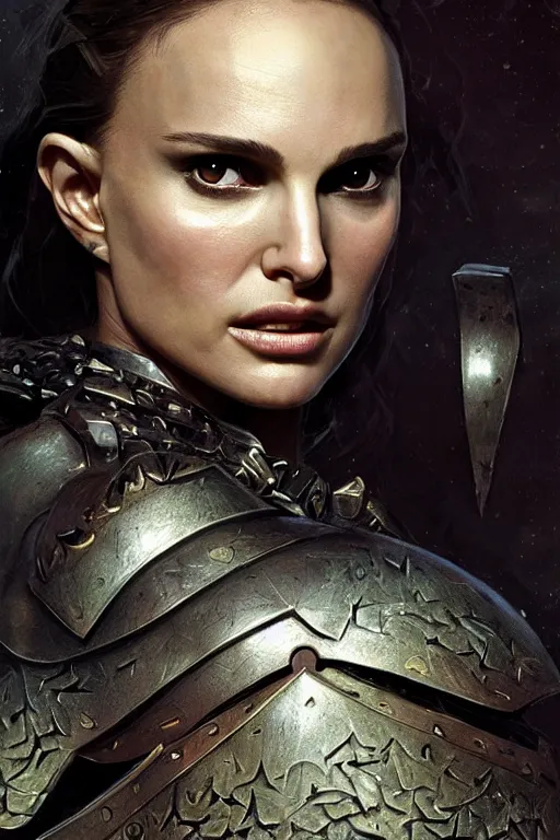 Image similar to natalie portman, legendary warrior, heroic, lord of the rings, tattoos, decorative ornaments, battle armor, by carl spitzweg, ismail inceoglu, vdragan bibin, hans thoma, greg rutkowski, alexandros pyromallis, perfect face, fine details, realistic shading photorealism