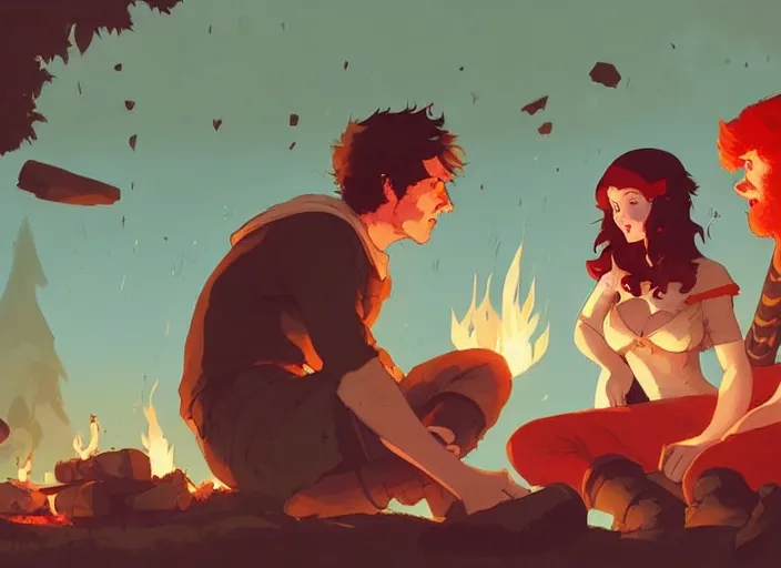 Prompt: a brunette man and a red - haired woman chatting together around a campfire, medieval times by atey ghailan, by greg rutkowski, by greg tocchini, by james gilleard, by joe fenton, by kaethe butcher, dynamic lighting, gradient light blue, brown, blonde cream and white color scheme, grunge aesthetic