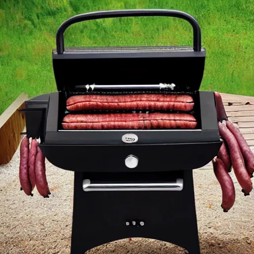 Image similar to a charcoal grill with sausages in the style of surrealist painter Salvador dali