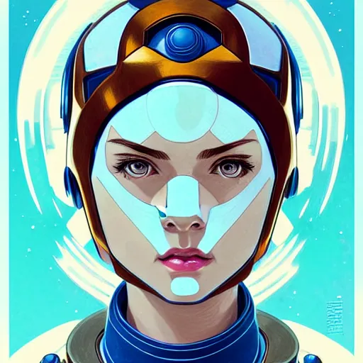 Prompt: head and shoulders portrait of a female Megaman, illustration, medium shot, intricate, elegant, highly detailed, digital art, ffffound, art by JC Leyendecker and sachin teng