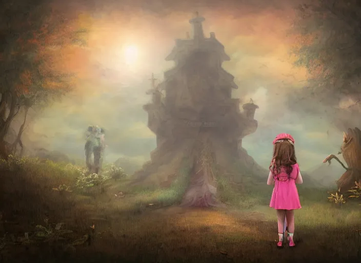 Image similar to a little girl with a cross fights off terrified demons, clear face and bright eyes. 8 k, matte painting, lowbrow in the style of lilia alvarado, mark ryden and martin johnson heade,