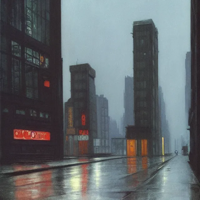 Image similar to dystopian cyberpunk city on a rainy melancholy night, by edward hopper