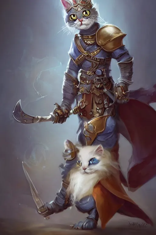 Image similar to cute little anthropomorphic cat knight wearing a cape and a crown, tiny, small, miniature cat , baby animal, short, pale blue armor, cute and adorable, pretty, beautiful, DnD character art portrait, matte fantasy painting, DeviantArt Artstation, by Jason Felix by Steve Argyle by Tyler Jacobson by Peter Mohrbacher, cinematic lighting