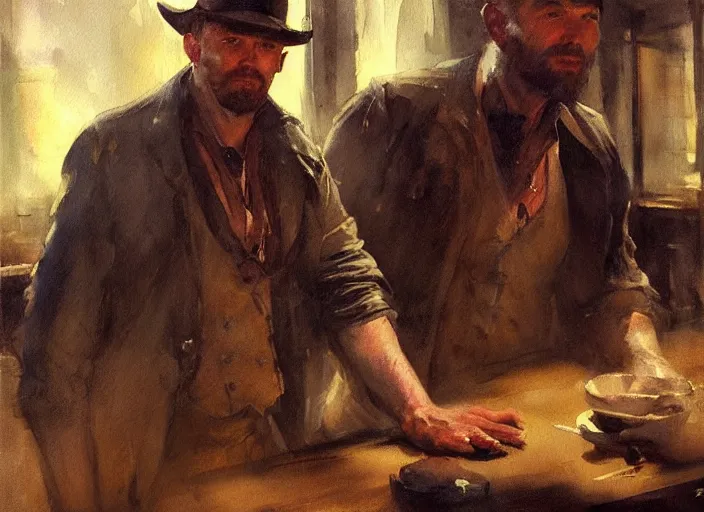 Image similar to oil watercolor painting of young rugged man in western bar, shaven stubble, short hair, mysterious light, art by anders zorn, wonderful masterpiece by greg rutkowski, beautiful cinematic light, american romanticism by greg manchess, creation by tyler edlin