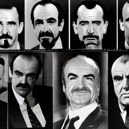 Prompt: a police lineup showing six different version ms of sean connery on a bad day