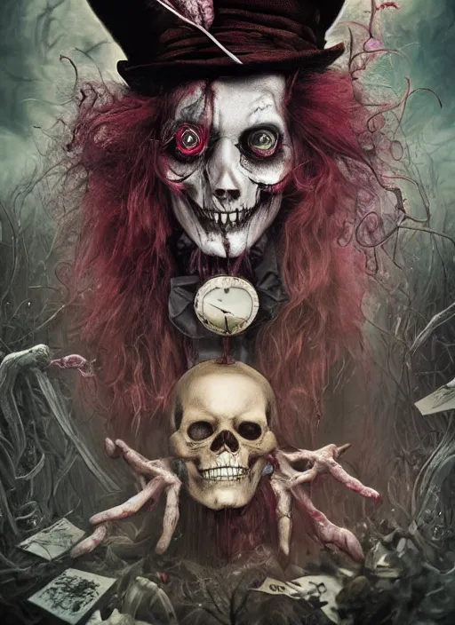 Image similar to Alice in Wonderland Mad Hatter Death Tarot card,highly detailed,half skull face,cinematic,8k,by Stanley Artgermm,Tom Bagshaw,Greg Rutkowski,Carne Griffiths, Ayami Kojima, Beksinski, Giger,trending on DeviantArt,hyper detailed,horror, full of colour