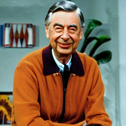 Prompt: studio color still of fred rogers with face tattoos riding a motorcycle, leather jacket, middle finger