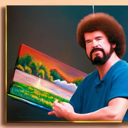 Image similar to a closeup photorealistic photograph of bob ross detailing a canvas painting of kenny powers. film still. brightly lit scene. this 4 k hd image is trending on artstation, featured on behance, well - rendered, extra crisp, features intricate detail, epic composition and the style of unreal engine.