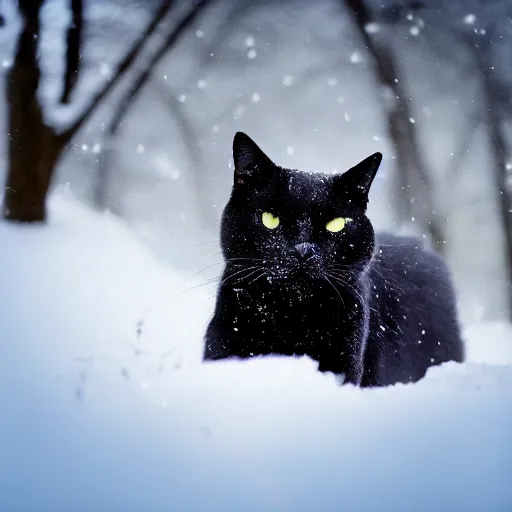 Image similar to Award winning photo of a black cat in a snowy forest at afternoon, lens flare, bokeh, telephoto