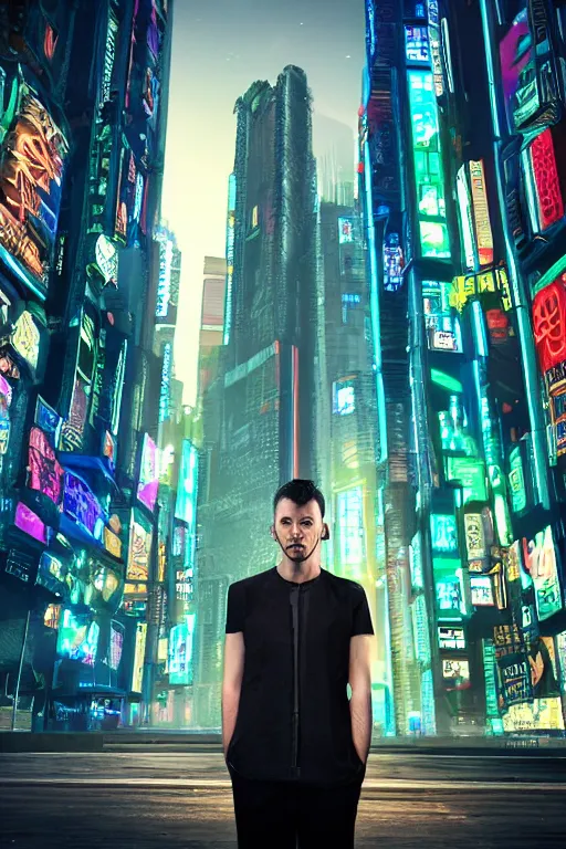 Image similar to portrait of a beautiful cyberpunk man standing in front of a cyberpunk city.