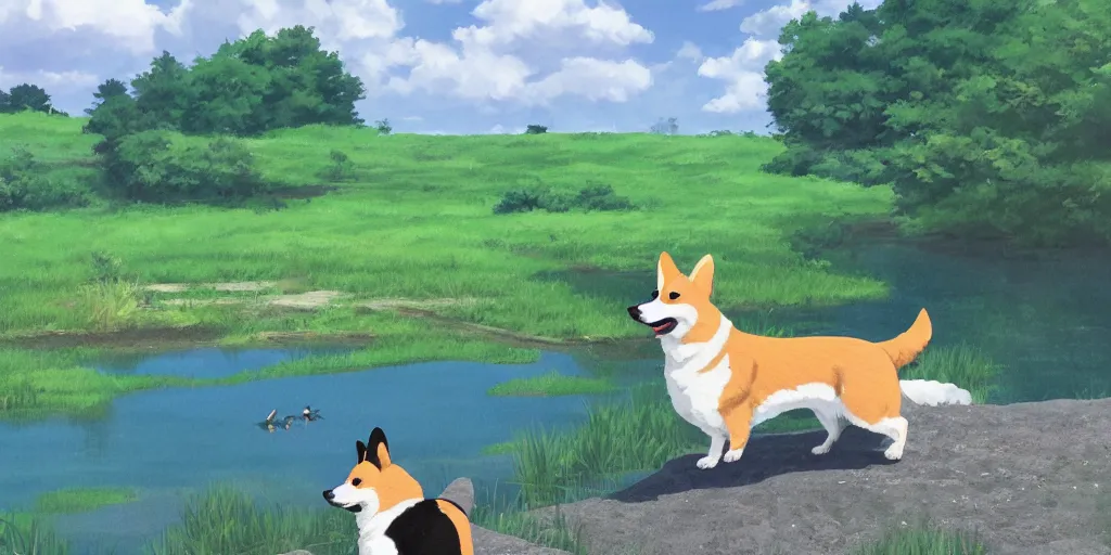 Image similar to A singular corgi by the pond, there is blue sky, there is water splash, the atmosphere is cheerful, the colors are bright, high picture quality, by Makoto Shinkai