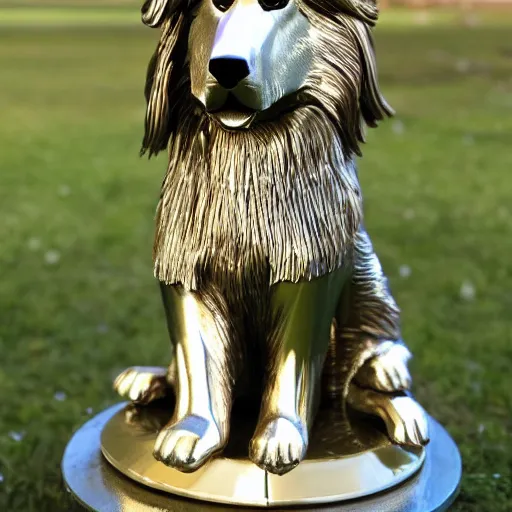 Prompt: A shiny metallic sculpture of Lassie the rough collie