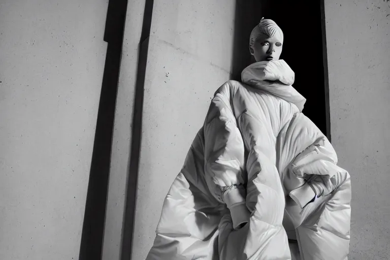 Image similar to well lit fashion shoot portrait of extremely beautiful female marble statue wearing huge over size puffer jacket by dingyun zhang, yeezy, balenciaga, vetements, a cold wall, sharp focus, clear, detailed,, cinematic, detailed, off white, glamourous, symmetrical, vogue, editorial, fashion, magazine shoot, glossy