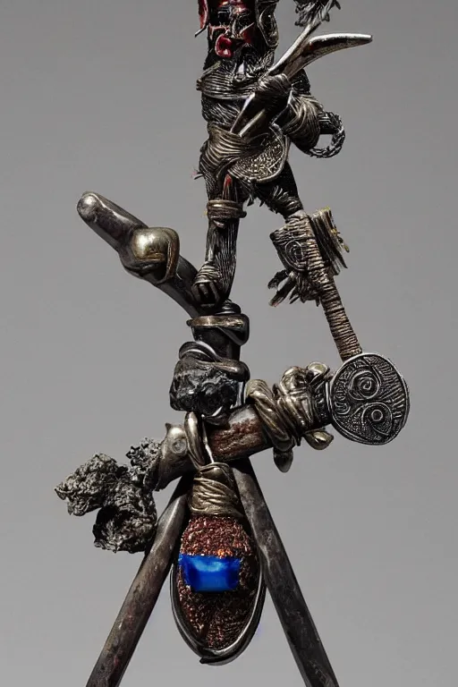 Image similar to a steel axe, all craftsdwarfship is of the highest quality. it is encrusted with blue garnet and encircled with bands of rope reed. this object is adorned with hanging rings of obsidian and menaces with spikes of leather, bone, and iron. on the item is an image of an elf in frog demon bone.