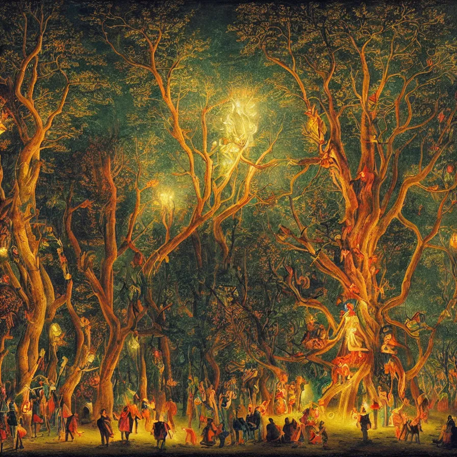 Image similar to a night carnival around a magical tree cavity, with a surreal orange moonlight and fireworks in the background, next to a lake with iridiscent water, christmas lights, folklore animals and people disguised as fantastic creatures in a magical forest by summer night, masterpiece painted by georg friedrich kersting, dark night environment
