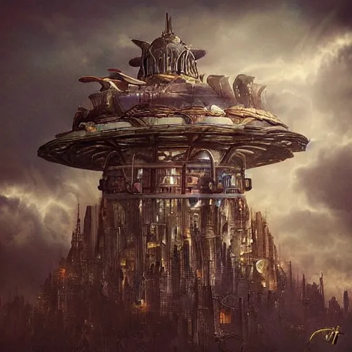 Image similar to flying city in a bronze lotus, sky, steampunk!!!, fantasy art, steampunk, masterpiece, octane