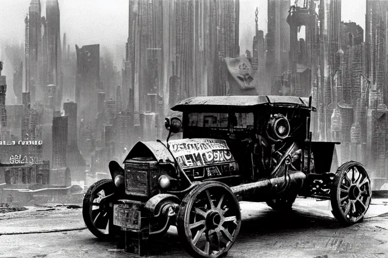 Image similar to cyberpunk 1 9 0 8 model ford t by paul lehr, metropolis, parked by view over city, vintage film photo, robotic, silent movie, black and white photo