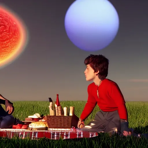 Image similar to a hyperrealistic octane render of max from flight of the navigator and hal 9 0 0 0 having a picnic, unreal engine, 8 k, ultrarealistic, photorealism