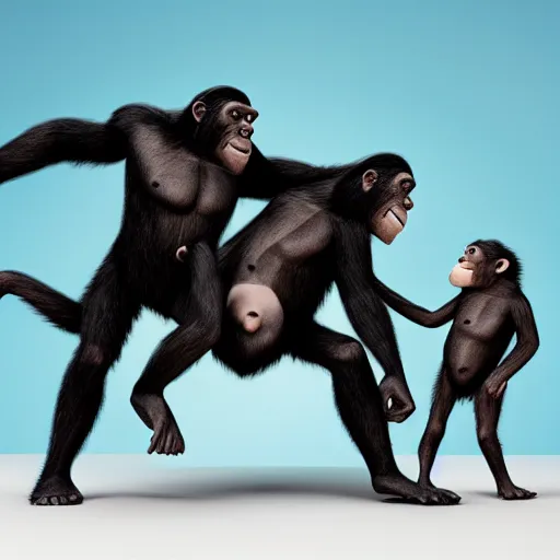 Image similar to a family of apes riding on the back of a giant human hand in front of a white background