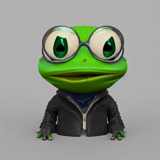 Image similar to perfectly accurate miniature figure of pepe the frog wearing jeans and a black leather jacket, soft textures, skin texture, clothing, 3d sculpture, textured, fine detail, lifelike, photo, high resolution, octane render, post processing, after effects, trending on artstation