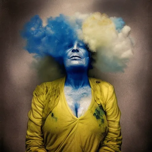 Prompt: crying woman, covered in yellow and blue clouds, by kim keever