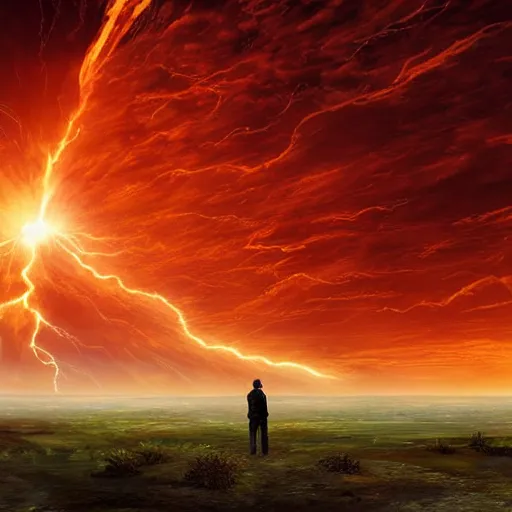 Prompt: giant fiery sun takes up most of the sky, two men look out over the horizon of a desert with plants on fire, lightning strikes in the distance, highly detailed matte painting