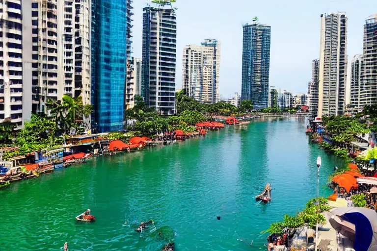 Image similar to photo of a very clean pasig river in the philippines with crystal clear blue water like boracay, high definition, tourism media