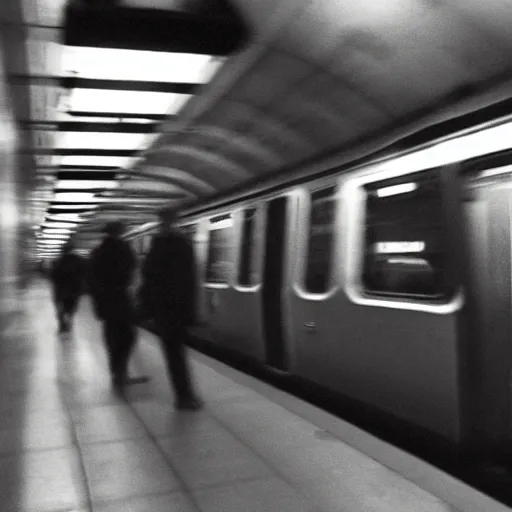 Prompt: ominous grainy surveillance photo still of scary monster in style of trevor henderson inside toronto subway