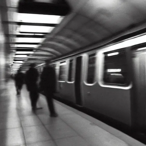 Image similar to ominous grainy surveillance photo still of scary monster in style of trevor henderson inside toronto subway