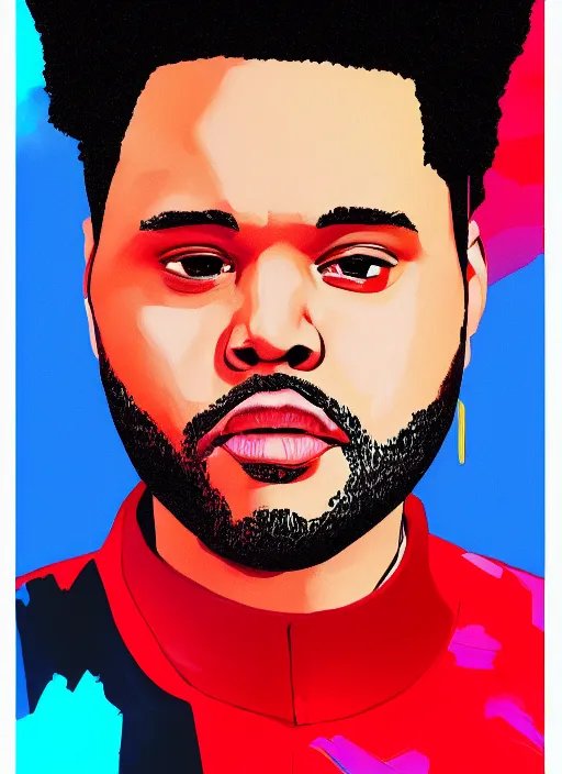 Prompt: a portrait of The Weeknd with a red suit, pop art, beautiful digital pop art, trending pop, 4k, hd, artstation