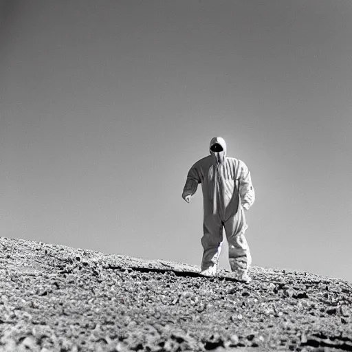 Prompt: a man wearing a hazmat suit, standing on top of a saleen s 7, in the desert, film still, panaflex panavision