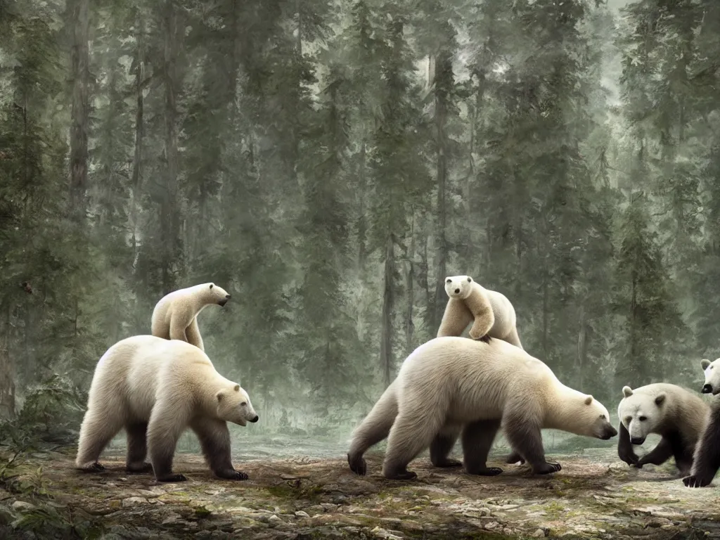 Prompt: a polar bear arguing with a black bear in the middle of a clearing in a vibrant forest, digital painting, trending on artstation, deviantart, 8k, epic composition, intrinsic details, perfect coherence